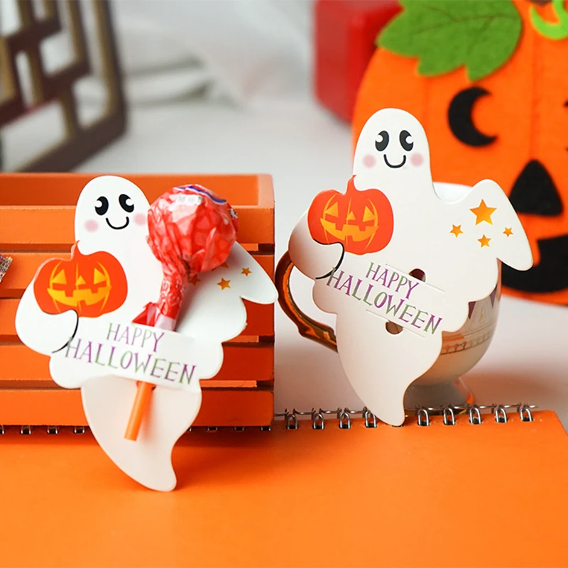 50 Uds. Tarjeta de paquete de dulces de Halloween, tarjeta de embalaje de piruleta naranja fantasma de calabaza para suministros de decoración de fiesta de Halloween Diy