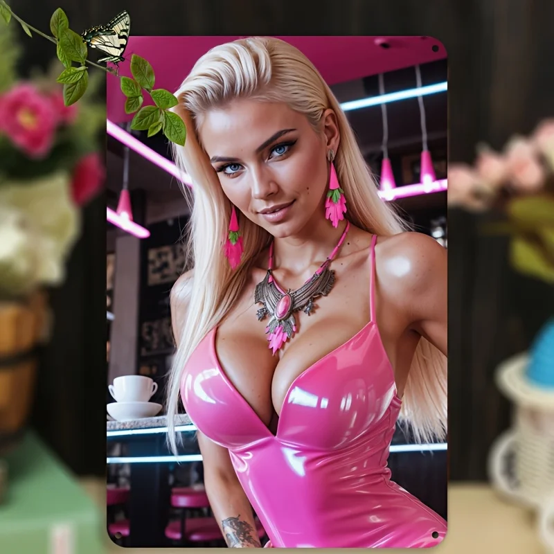 2D Metal Sign, Retro Blonde in Dress Pinup Metal Wall Art, 8x12 Inch Iron Decor for Home Bar Club Party