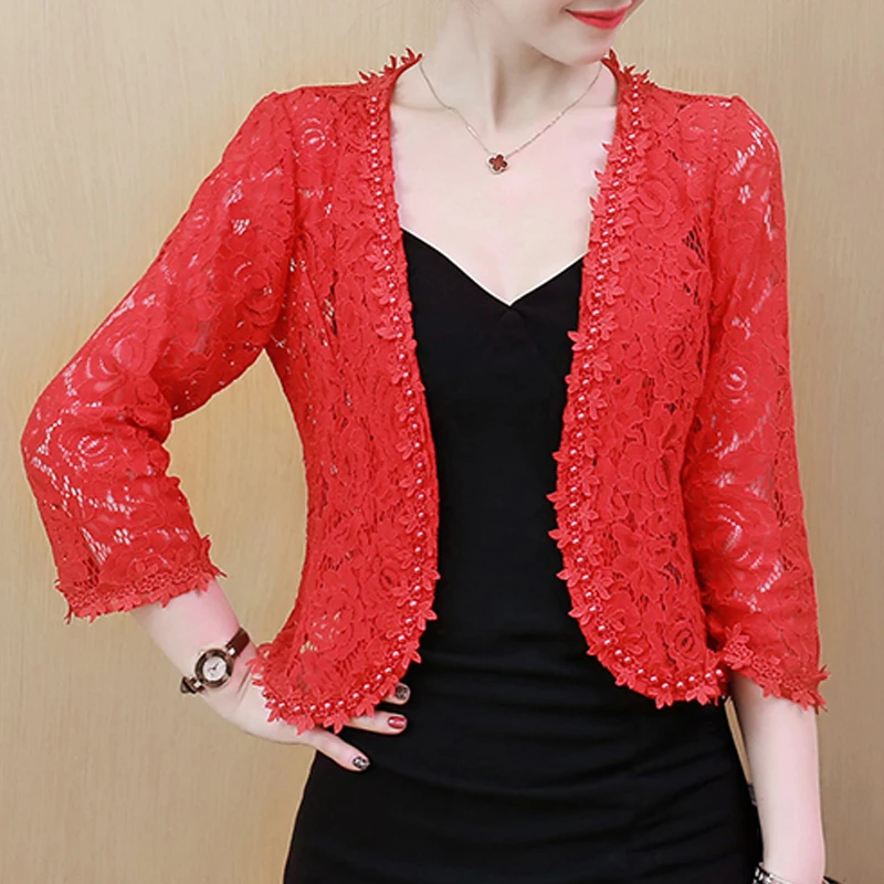 2022 Autumn Lace Beaded Hollow Sunscreen Cardigan Elegant Short S-4XL Large Size Coat Soft Clean V-neck Noble Jacket Woman