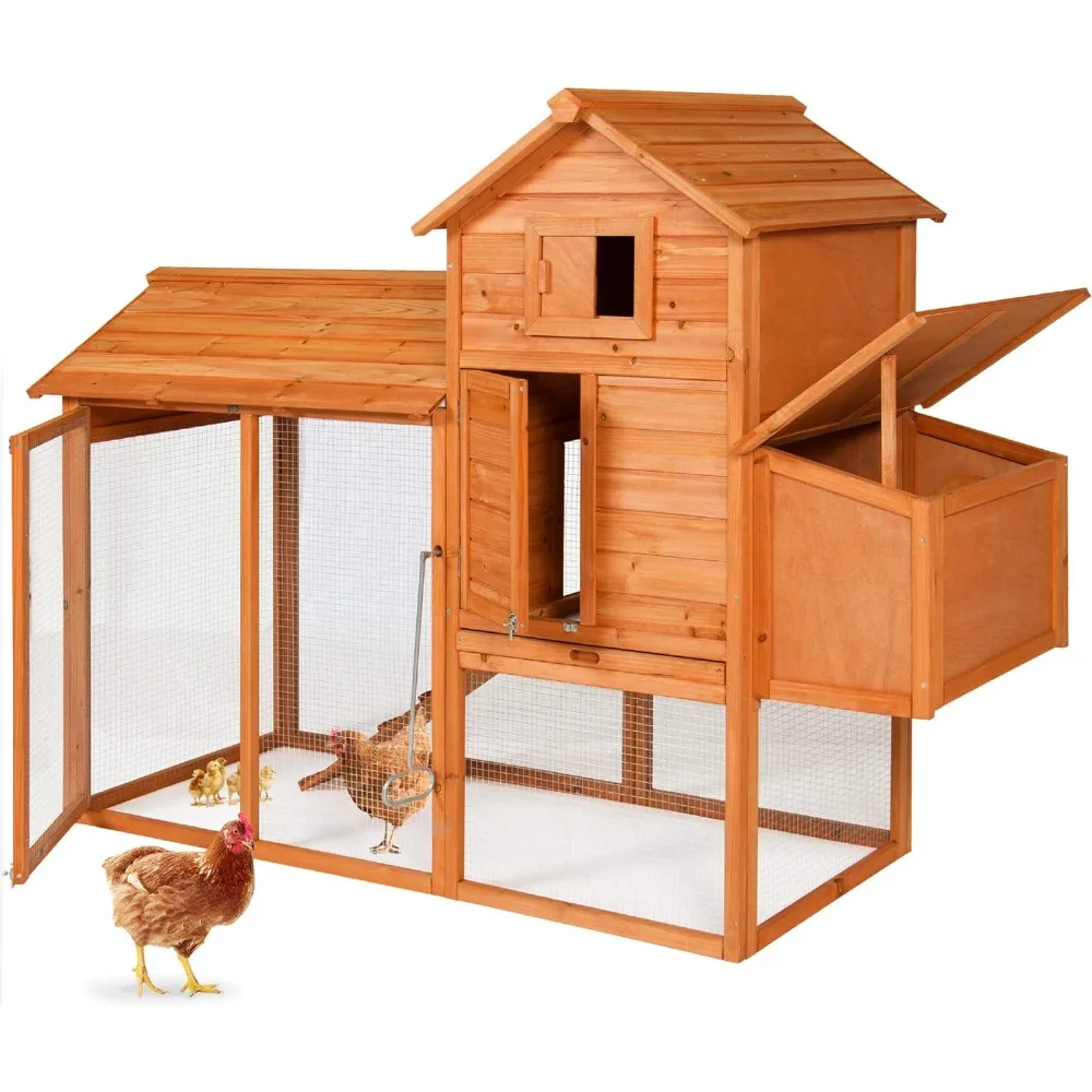 

80in Outdoor Wooden Chicken Coop Multi-Level Hen House, Poultry Cage w/Ramps, Run, Nesting Box, Wire Fence, 3 Access Areas