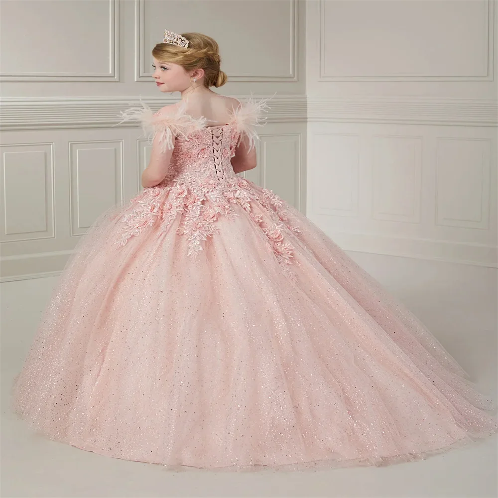 

Flower Girl Dress New Pink Appliqué Feather First Communion Custom Princess Prom Party Elegant Birthday Wedding Formal Dress