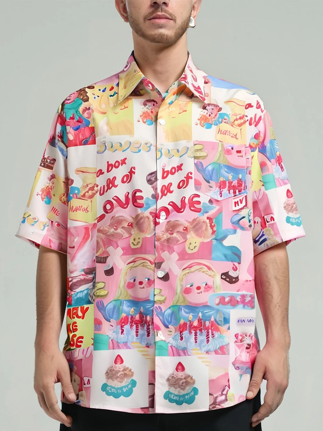 

Свободная рубашка с коротким рукавом для мужчин, Повседневная пляжная Гавайская одежда в стиле ретро, хип-хоп, с мультяшным принтом, большие размеры, на лето