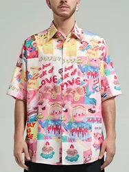 Oversized Loose Short Sleeve Shirt Men Print Cartoon Retro Hiphop Casual Shirts for Summer Beach Hawaiian Clothing