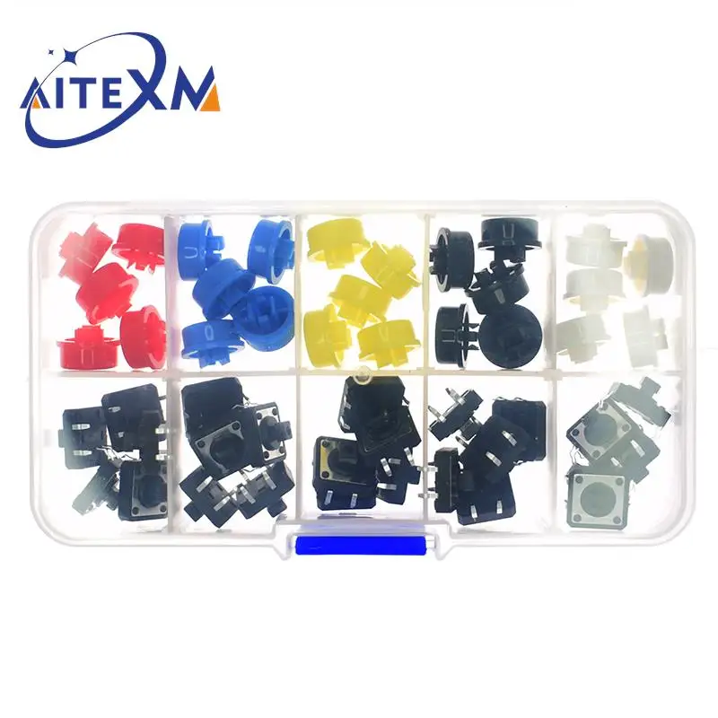 25PCS Tactile Push Button Switch Momentary 12*12*7.3MM Micro Switch Button + 25PCS Tact Cap(5 colors) for Arduino Switch