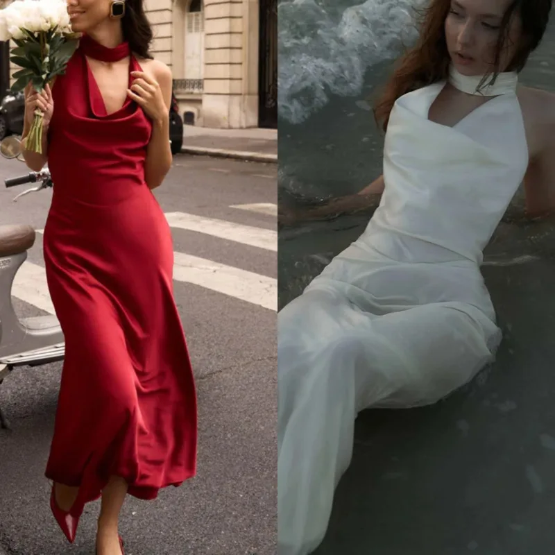 

Elegant Satin Halter Neck Dresses Sexy V-Neck Bodycon Dress With Pearl Back Details New Summer Fashion Banquet Dress For Women