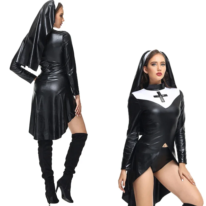 Uniforms sister wetlook nun cosplay costume Halloween party fancy black dress women cosplay costume