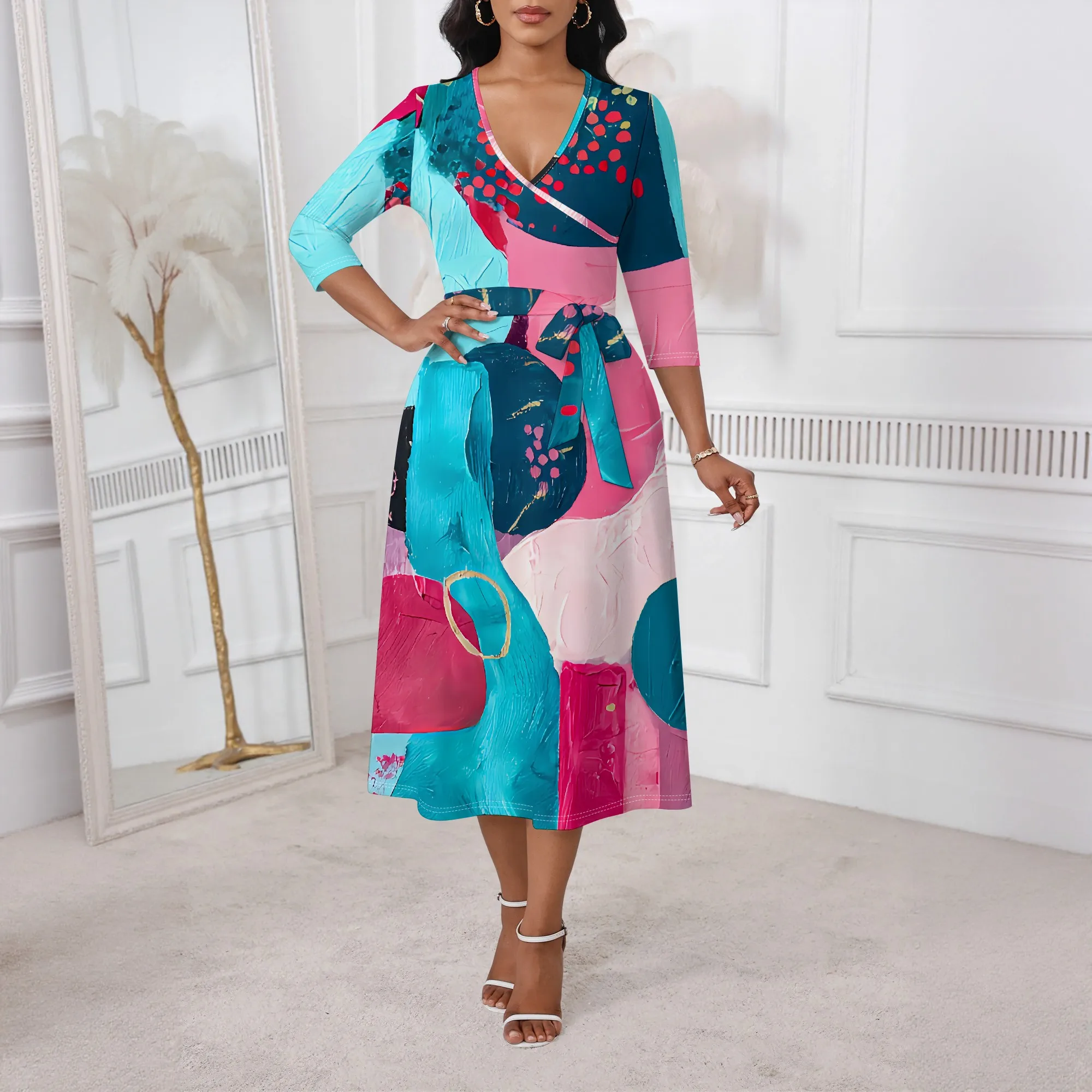 

Abstract Colorblock Wrap Dress for Women XS-3XL 3/4 Sleeve V-Neck Style for Art Festival, Creative Studio or Funky Summer Look