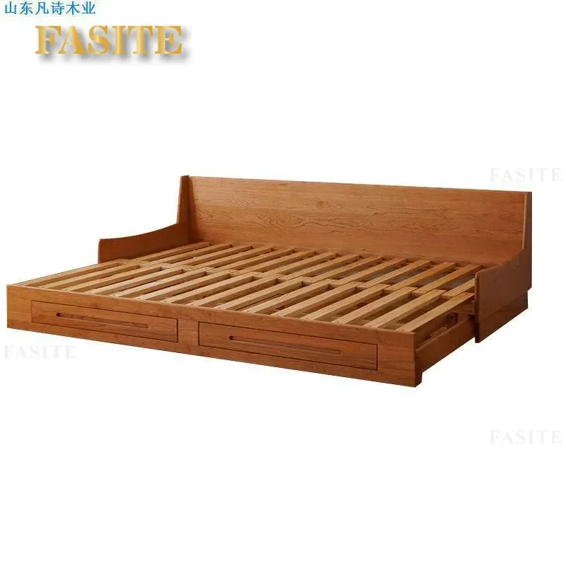 For Small Apartment Cherry Wood Solid Wood Sofa Bed Retractable Storage Tech Cloth Pull-out Sitting Lying Multi-functional