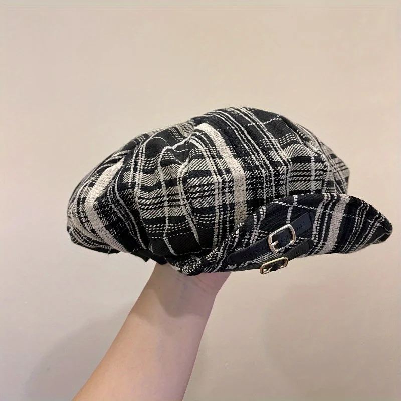 

British Style Fadhion Leather Buckle Octagonal Hat Retro Plaid Newsboy's Hat Winter Trend Big Head Hood with Foldable Brim Beret