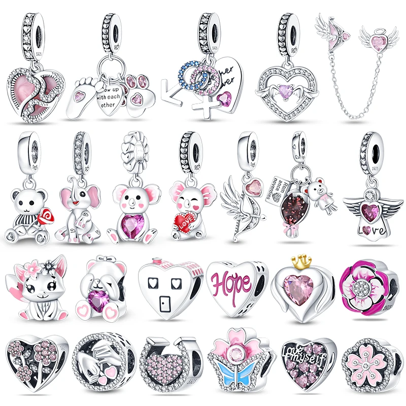 

Pink Charm 100% 925 Sterling Silver Love Heart Cute Animals koala Charms Beads Fit Original Bracelet DIY Jewelry Making