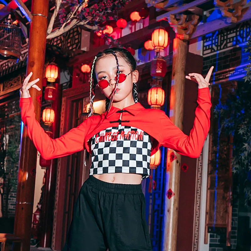 ヒップホップジャズ子供用ダンスウェア、ショーパンツスーツ、k-popステージの衣装、ダンスウェア、女の子の服、赤、黒、白の衣装、3個