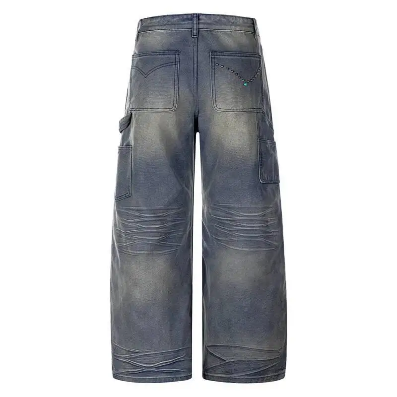 Presale Vintage Blue Men's Washed Jeans Scratch Detail Faded Wide Leg Baggy Casual Streetwear Denim Long Pants