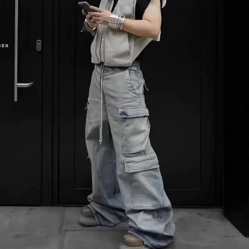 HKSH Men High Street RO Style Washed Large Pockets Wide Leg Safari Style Denim Pants Punk Chic Ins Jeans Gradient Trendy HK18036