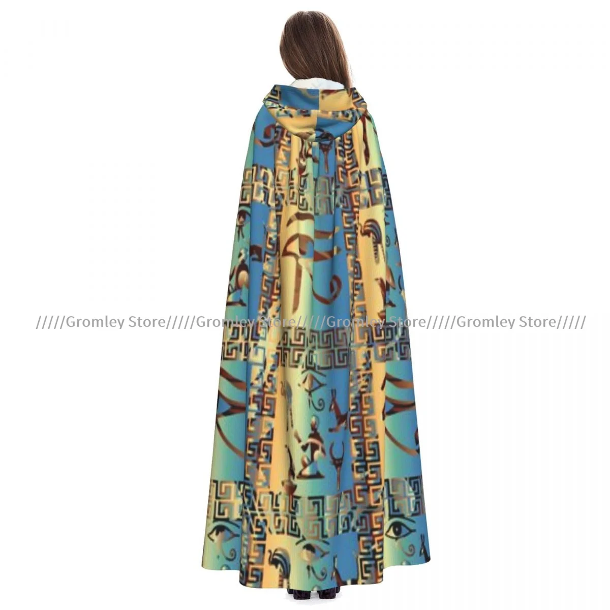 Unisex Halloween Cloak Egyptian Hieroglyphs African Ethnic Check Cape Hooded Medieval Costume Witch Wicca Vampire