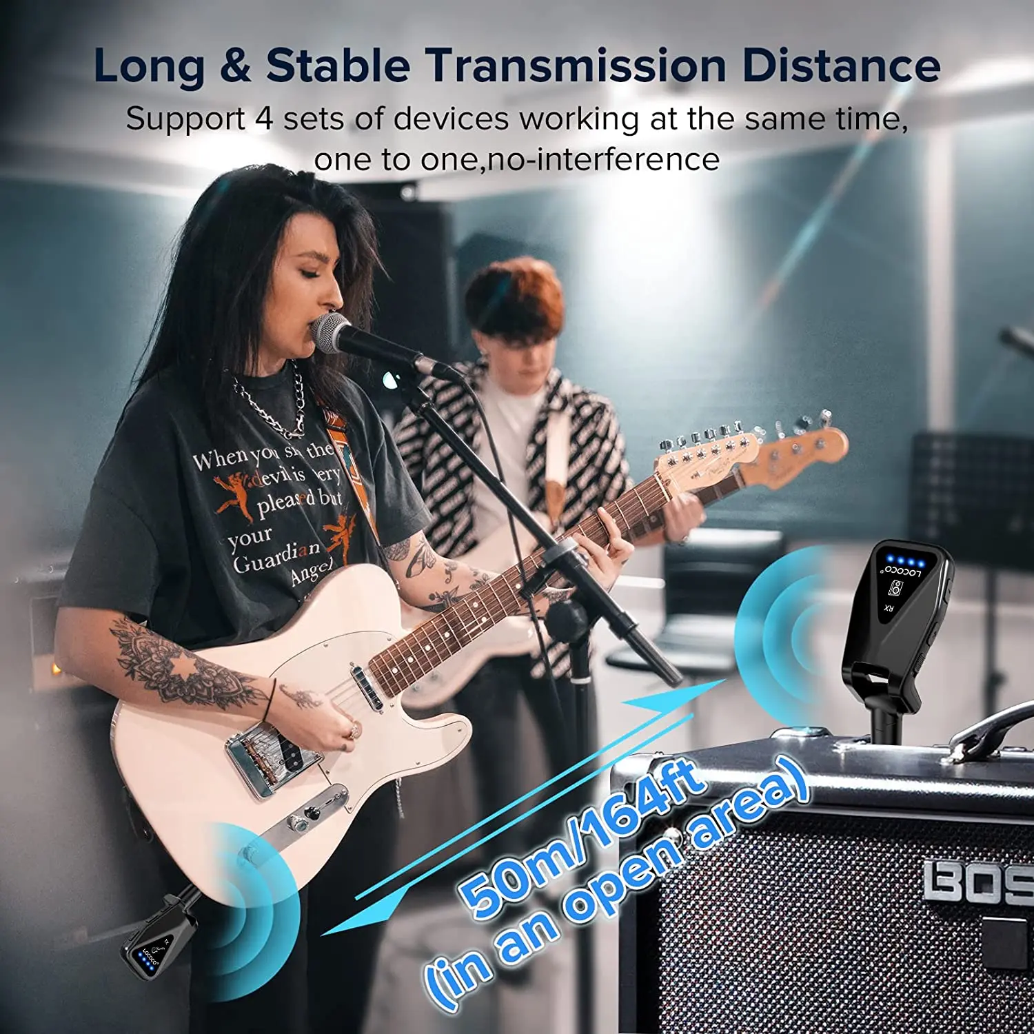 Wireless Transmitter Receiver UHF 4 Channels Rechargeable Audio Wireless Guitar System for Guitar Bass Electric Instruments