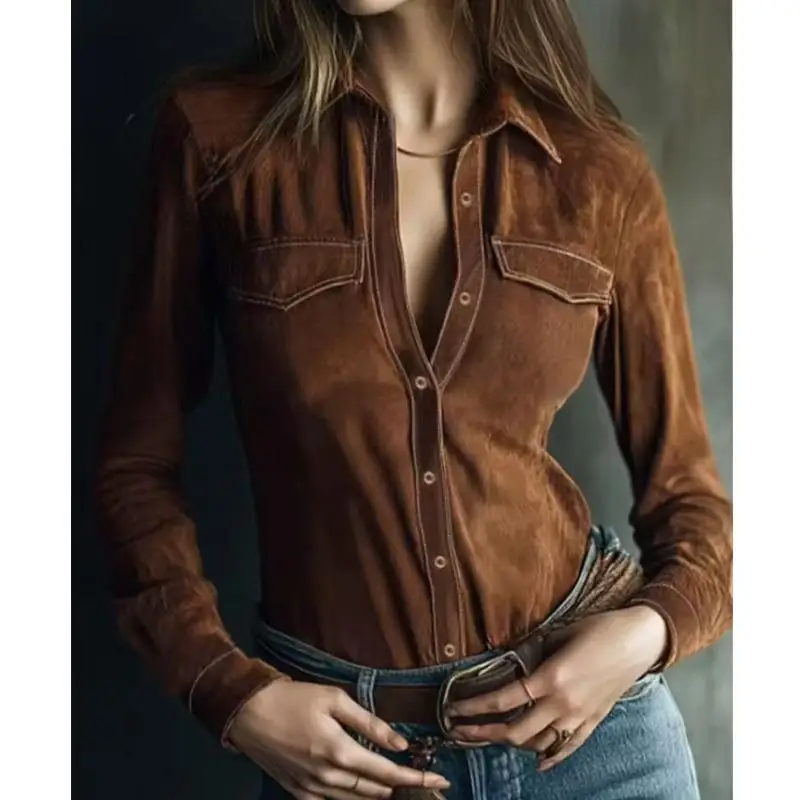 

Spring Commute Sle Long Sve Pure Color Suede irt Single Button Turn-down Collar Women's Faionable Office Top
