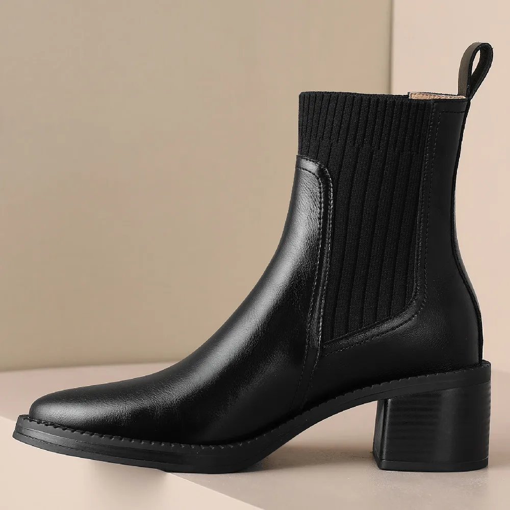 Damski danxuefei ze skóry naturalnej, rozciągliwej dzianiny, patchworkowy, wsuwane jesienne botki obcas o grubości 5cm, na co dzień, chelsea boots gorący