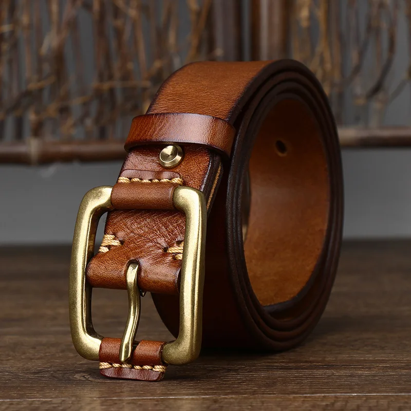 3.8CM Wide 105-125CM  Men Cowhide Belt Korean style Simple Fashion Top Layer Vintage Copper Buckle Old Tooling Jeans Art Style