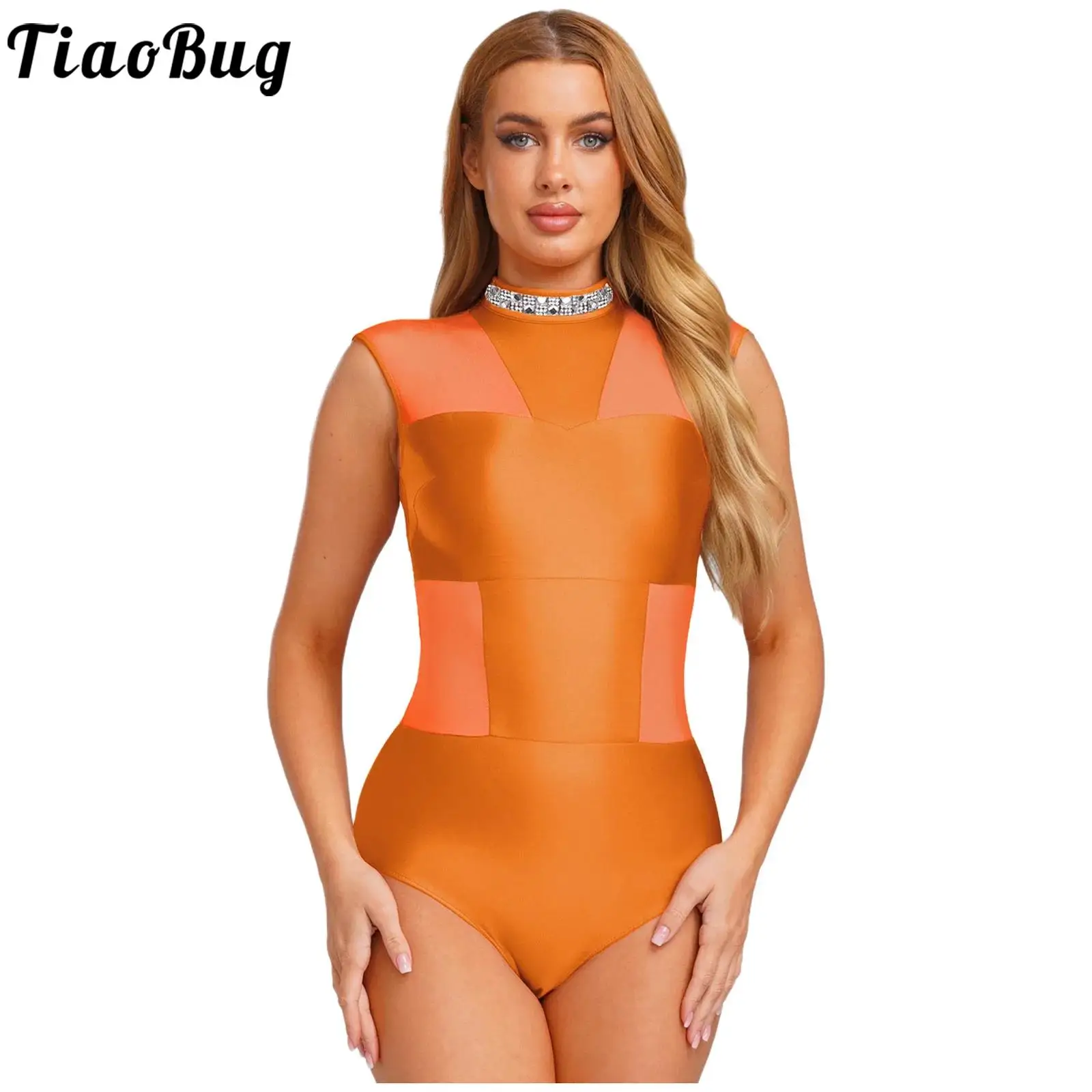 

Women Dance Leotard Lyrical Latin Ballet Performance Costumes Sleeveless Backless Mesh Patchwork Bodysuit Gymnastic Dancewear