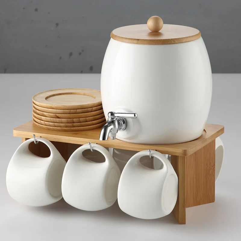 2022 New Nordic smart kitchenware & drinkware white porcelain cup and water pot set with water-tap and bamboo holder