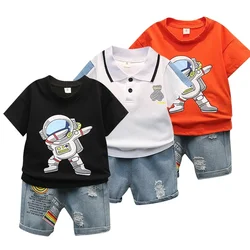 Baby clothes summer children's cartoon short sleeved set boys aged 0-5 solid color T-shirt denim shorts two-piece casual sportsw