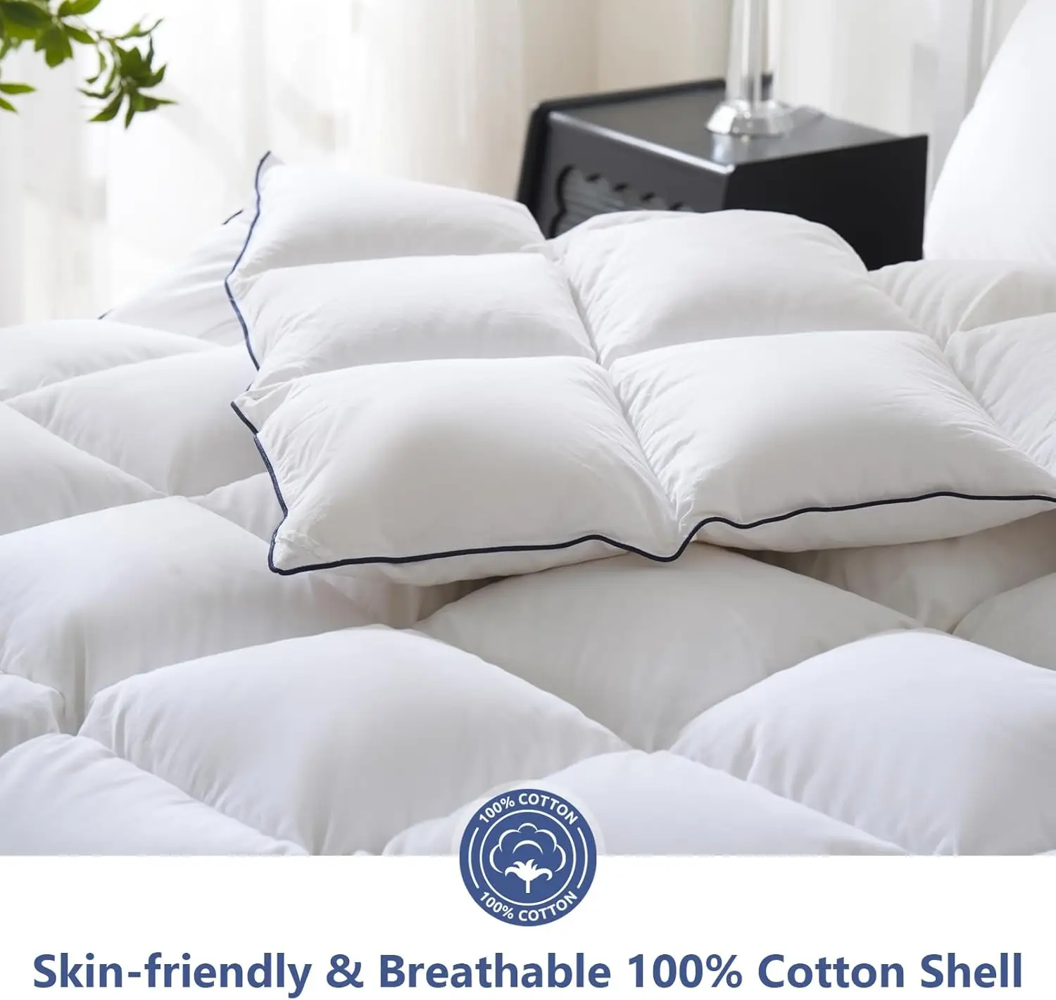 Edredão Queen Size com penas, edredão macia 100% algodão para todas as estações com abas de canto, branco 90 x 90 polegadas