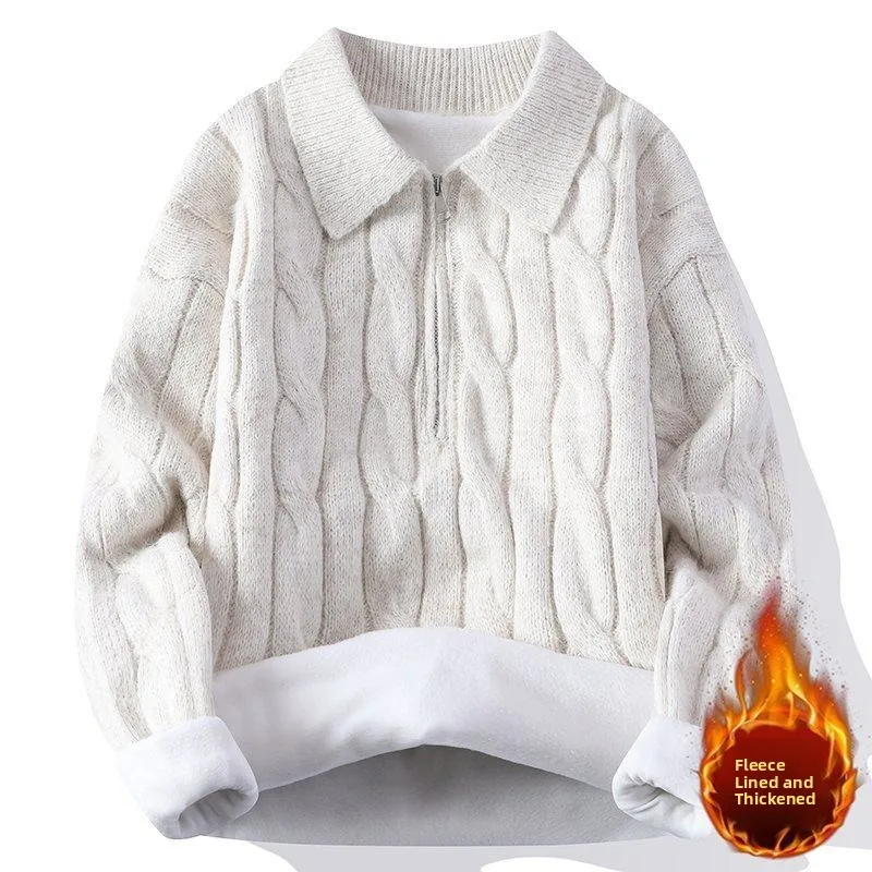 

Men's Faionable Casual Knitted Sweater Thiened Fce Lined Turn-down Collar Pullover Winter Warm Color Top