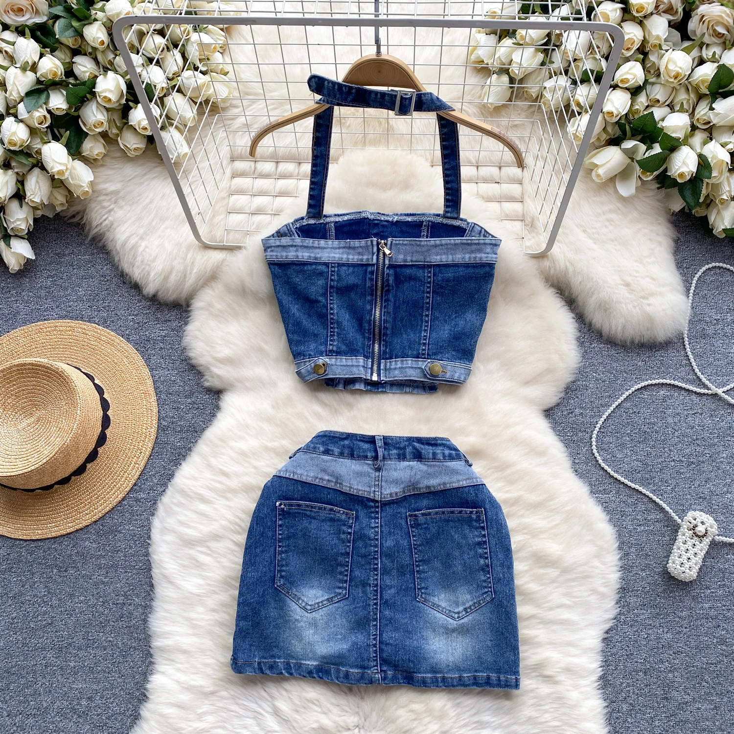 Conjunto de saia e top jeans Halter Vest para mulheres, roupas Jean Suit, conjuntos femininos, 2 peças