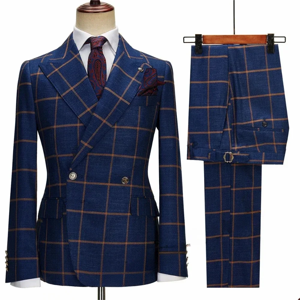 

Fashion Plaid Men Suits Slim Fit 2 Piece High-end Peaked Lapel Outfits Daily Business Casual Formal Male Suit (Blazer+Pants)