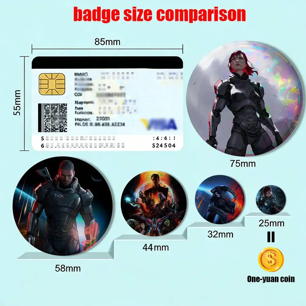 game Reapers Mass Effect 58mm 44mm Round Pins Creativity Printed Pictures Text Metal Lapel Badges Brooches Jewelry Wholesale