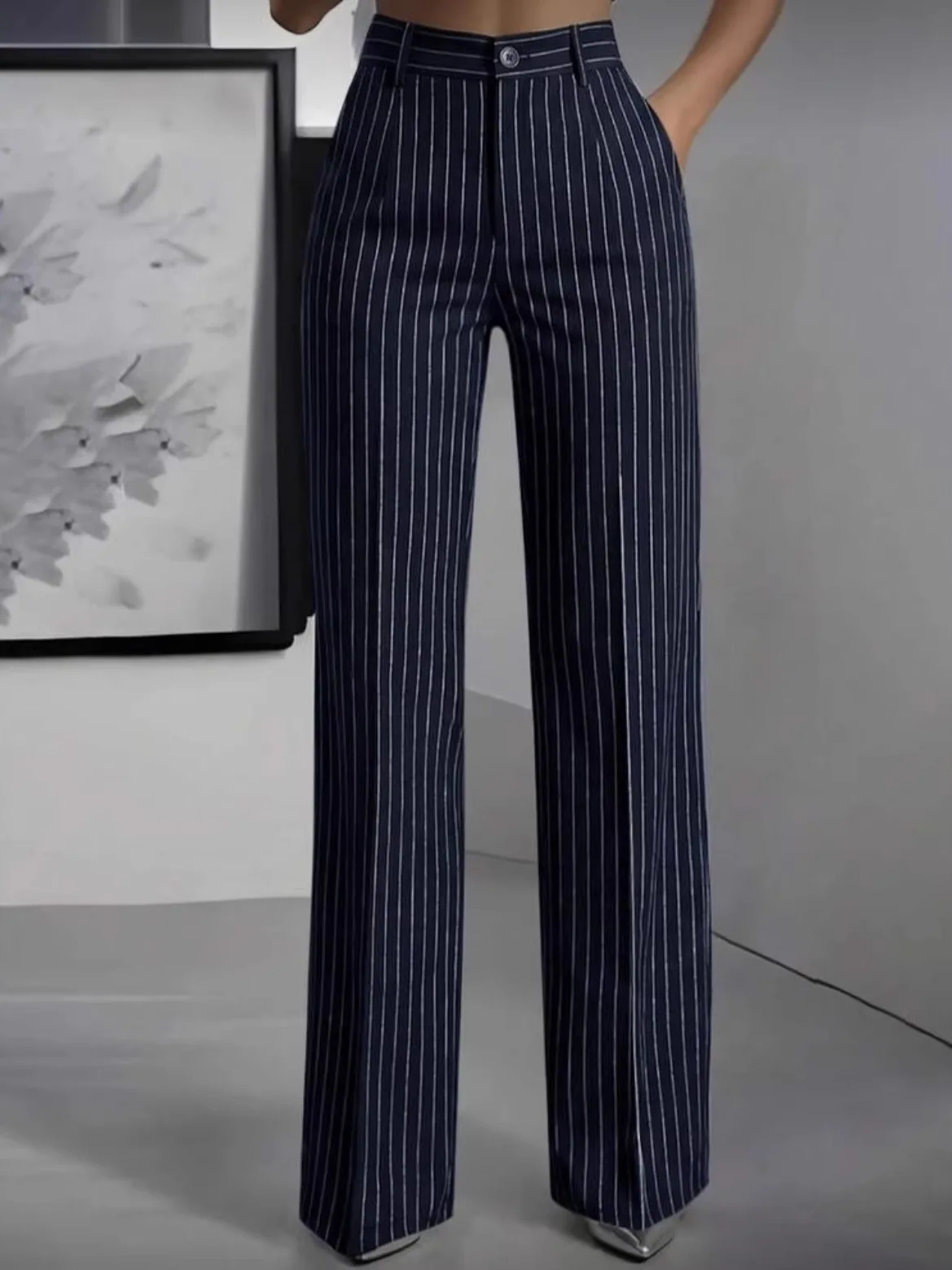 Elegant High Waist Straight Leg Suit Pants Commute Versatile Simple Stripes Women Casual Pants Business Formal Trousers