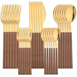 6Peopl Dinnerware Sets Imitation Wood Handle Stainless Steel Knife Fork Spoon Flatware Brown Gold Cutlery Set Kitchen Tableware