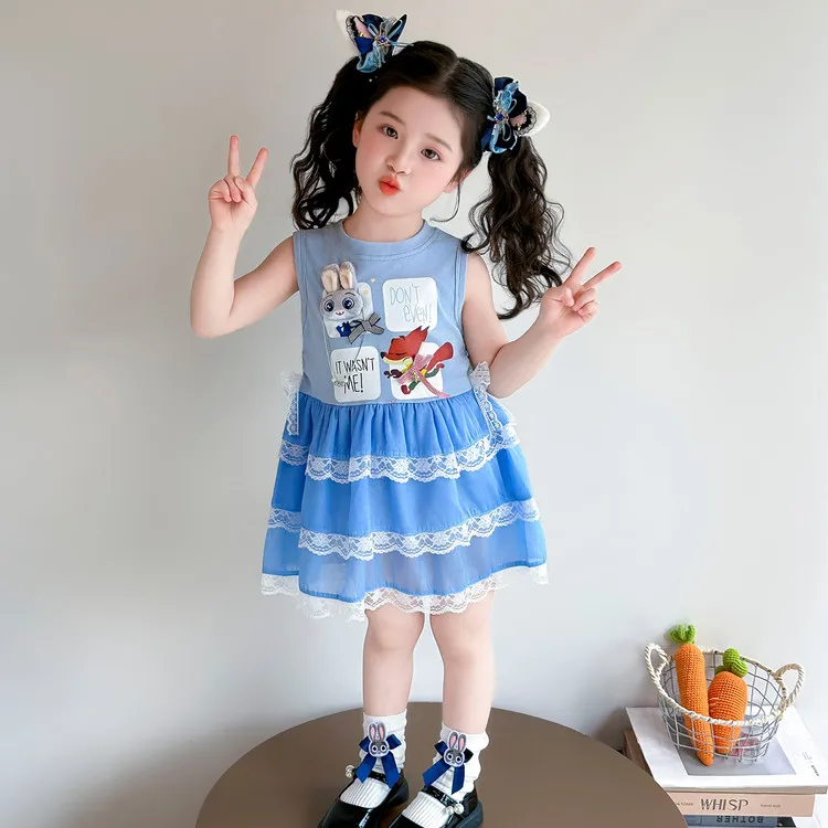 Vestido Estilo Princesa para Meninas, Moda de Verão, Saia Doce em Camadas, Uniforme de Policial Coelha, Roupa Infantil Feminina