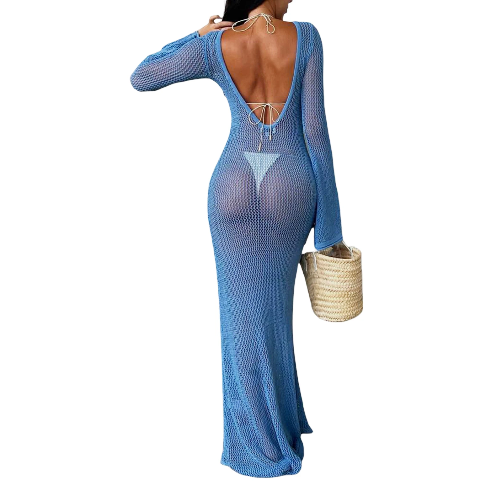 Thorn Tree Sexy Women Knitted Beach Dress Hollow-Out O-neck Long Sleeve Bikini Cover-Ups Dress Backless Swimsuits Holiday Dress