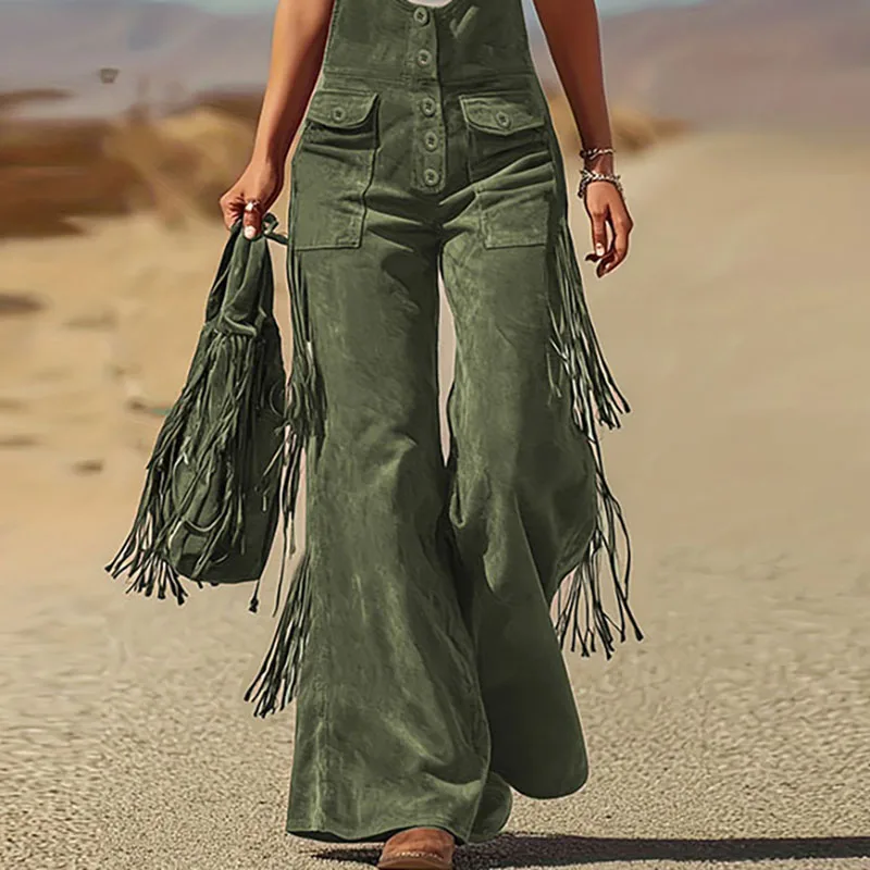 2026 Spring Sexy Wide Leg Trousers Tassel Jumpsuit Woman Retro Solid Suede Button Overalls Summer U Strappy Bodysuit Lady Romper