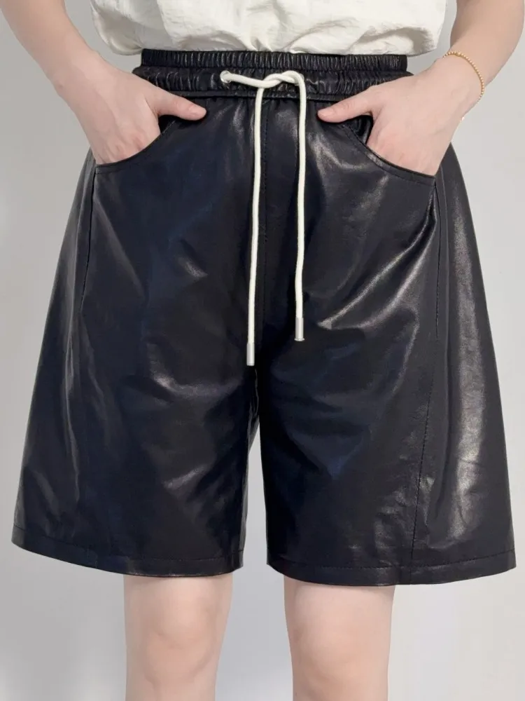 청소년 숙녀 레저 스타일 솔리드 컬러 탄성 허리 정품 가죽 반바지 포켓 레이스 업 편안한 양피 짧은 바지