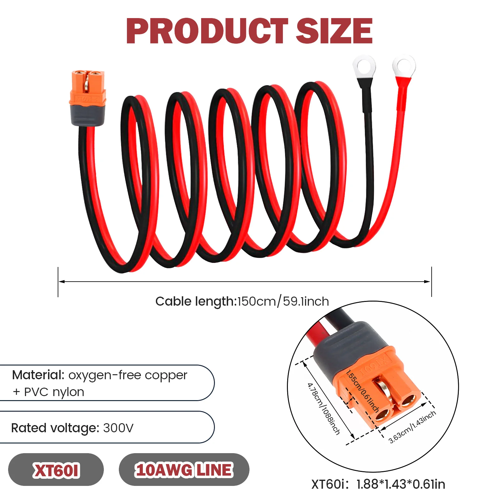 XT60i to O Ring Terminal Cable 1.5m 10AWG XT60i Female to O Ring Connector Protective XT60i F Extension Cable for Solar Panel