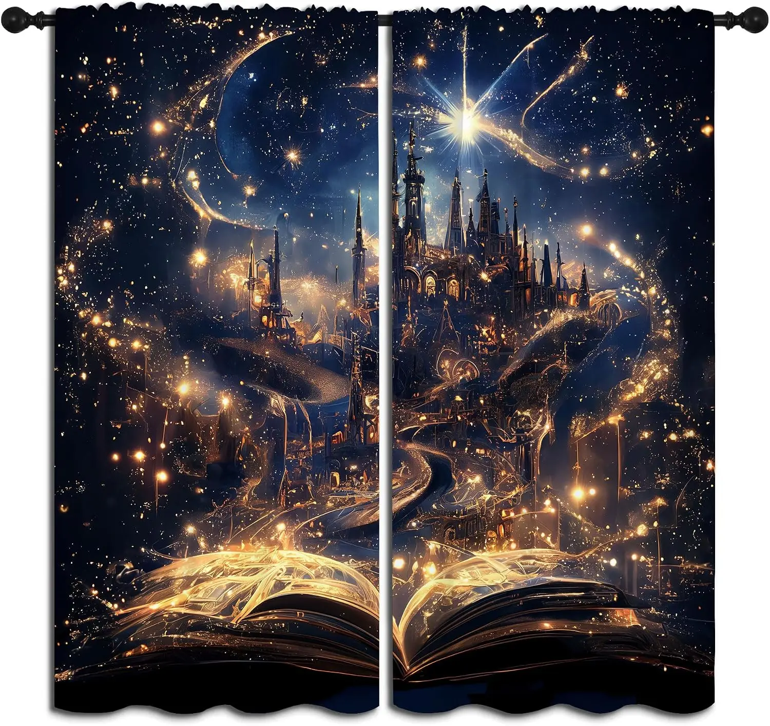 Gold Glitter Magic Castle Theme Curtain 2 Panels Dark Star Base Luminous Town Magic Book Print Window Curtain Dreamy Home Decor