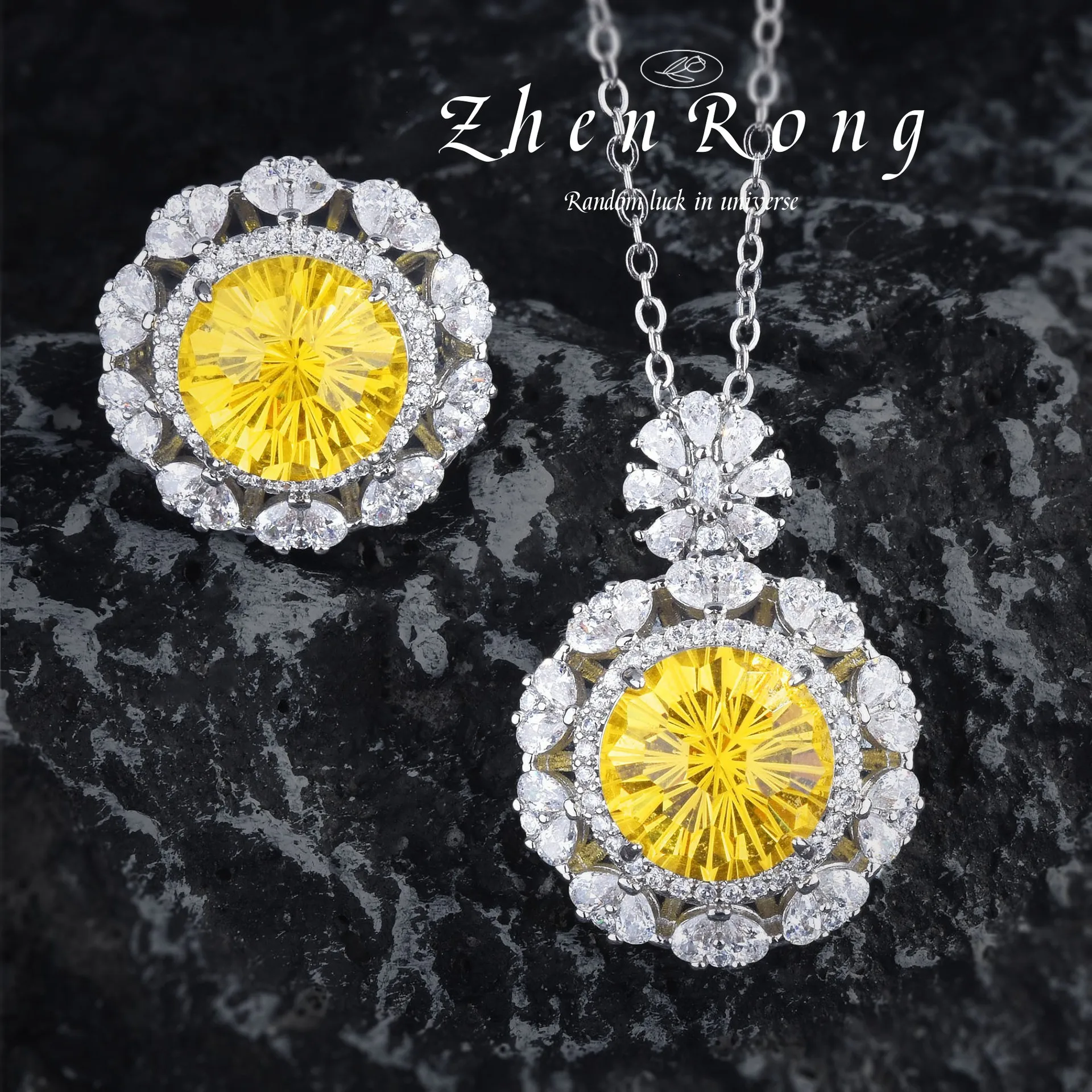 

2023 New Luxury Fireworks Cut Yellow Round Diamond Jewelry Sets For Women Pendnat Necklaces Rings Wedding Anniversary Gifts