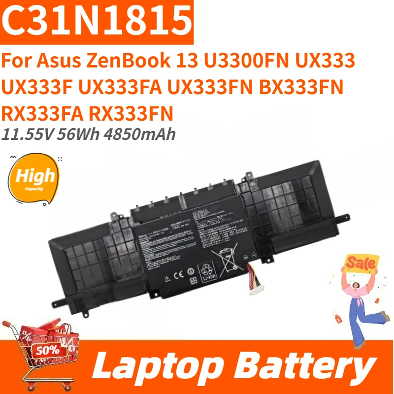 

High Capacity 11.55V 56Wh 4850mAh Laptop Battery C31N1815 For Asus ZenBook 13 UX333 UX333F U3300FN UX333FA UX333FN BX333FN