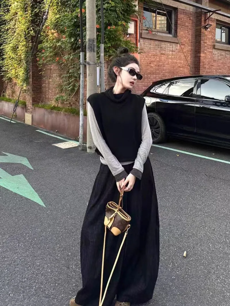 2026 Autumn Age New Reducing Three Piece Set, Korean Style Ooted Outfit, A Complete Set of Vest Base Shirt, Wide Leg Pants Set