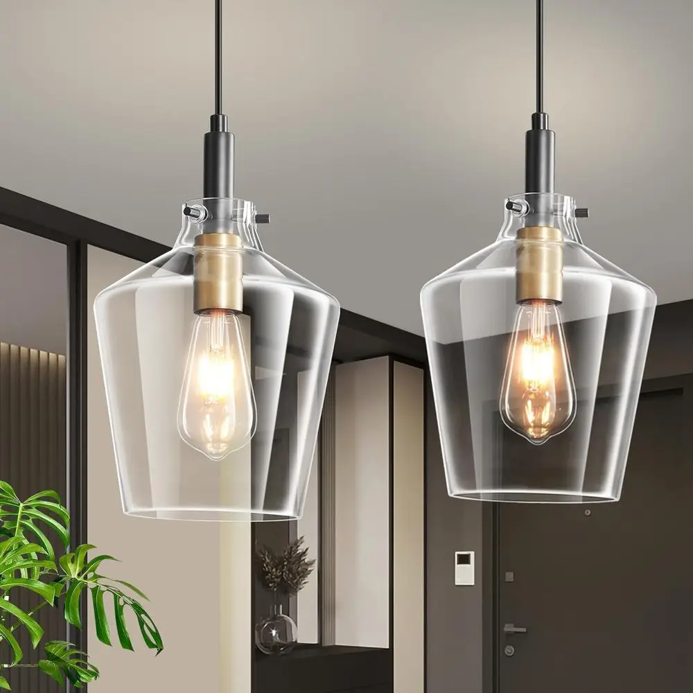 

Black and Gold 2-Pack Adjustable Pendant Lights with Clear Glass Shades for Kitchen Island, 8 Inch