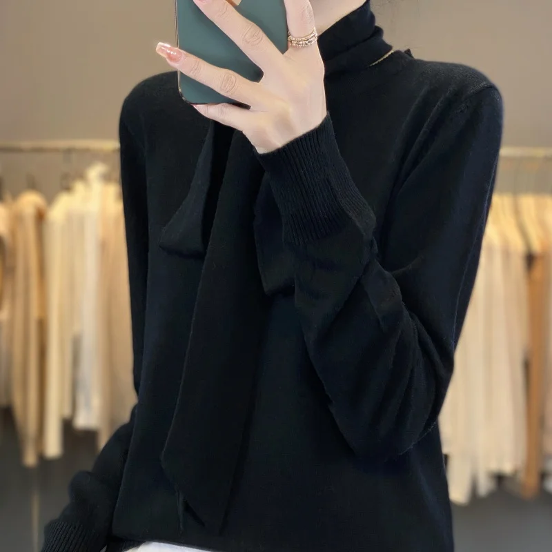 Pulôver feminino de manga comprida com gola redonda, suéter de caxemira, blusa tricotada, novo, outono e inverno