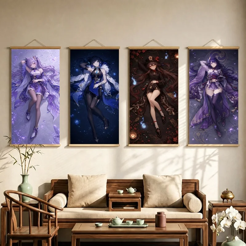 Genshin Impact Hanging Scroll with Anime Women in Ornate Fantasy Outfits and Deep Blue and Violet Tones for a Bedroom