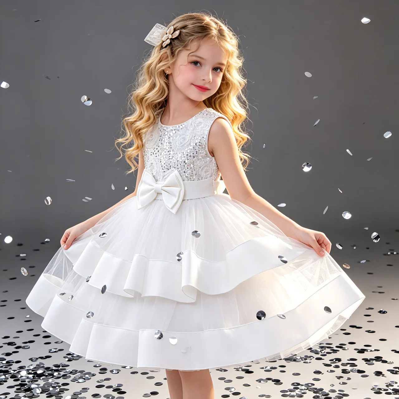 

Girls dress new double mesh bow party gala princess performance costume