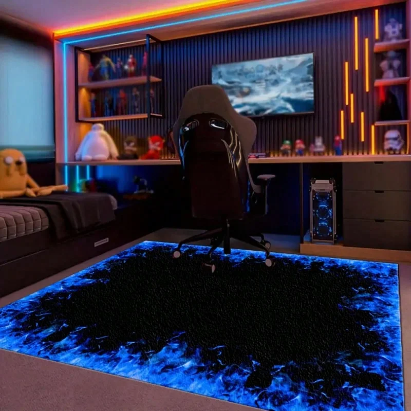 Neon Rainbow Light Frame Gaming Area Rug Glitter Particle Black Non Slip Game Room Floor Mat