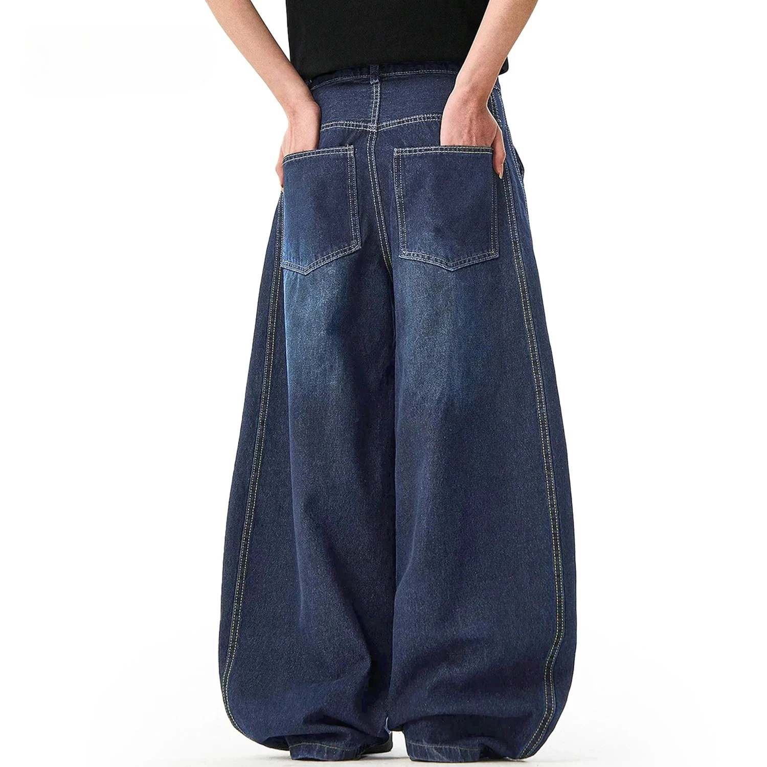 Мужские джинсы в американском стиле ретро, синие свободные широкие брюки-мачете, унисекс, мешковатые прямые брюки с серпом, джинсовые деконструированные брюки из воздушного шара