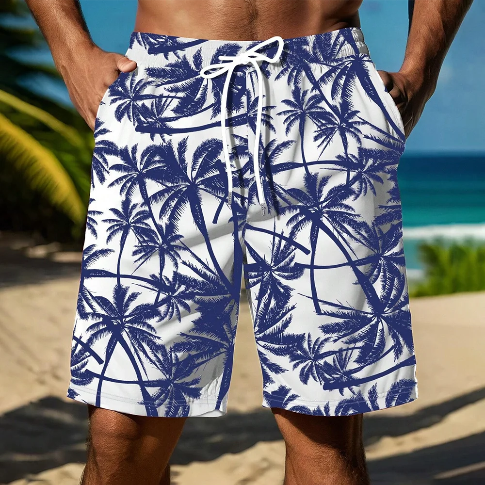 Summer Men\'s Vacation Loose Beach Shorts Drawstring Quick Dry Coconut Tree Print Surf Shorts Casual Oversized Sport Short Pants