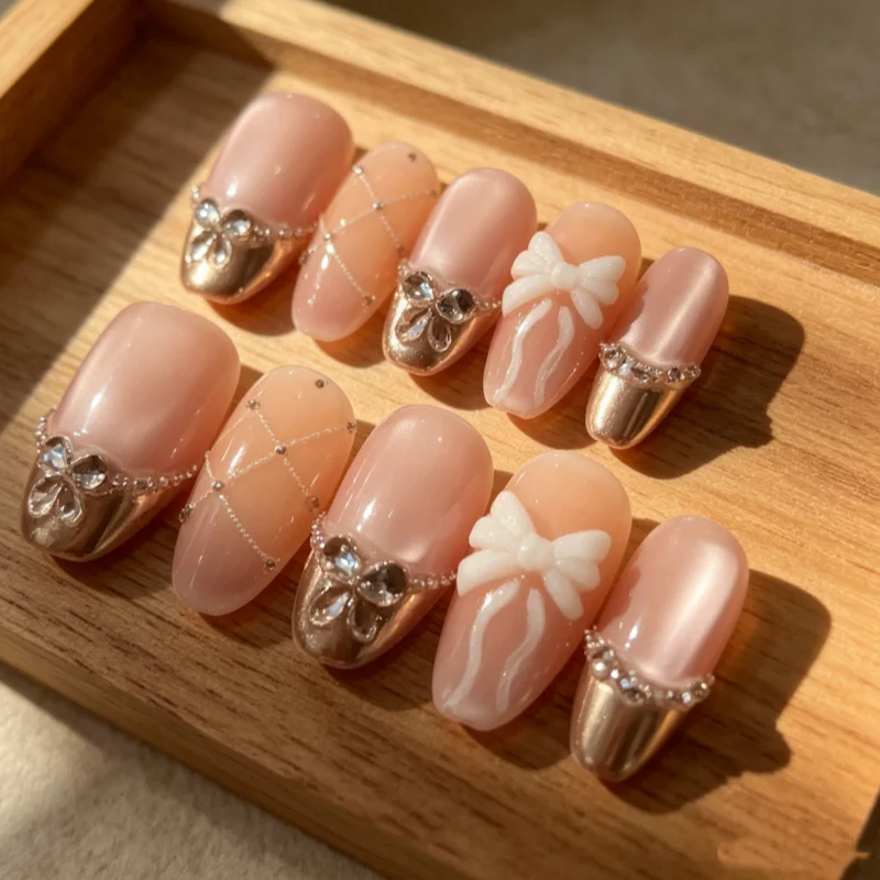 

10pcs Handmade Nails with Hand-painted Cat-eye Bows and Rhinestones—sweet and Cute These Press-on Nails Perfect for Girls