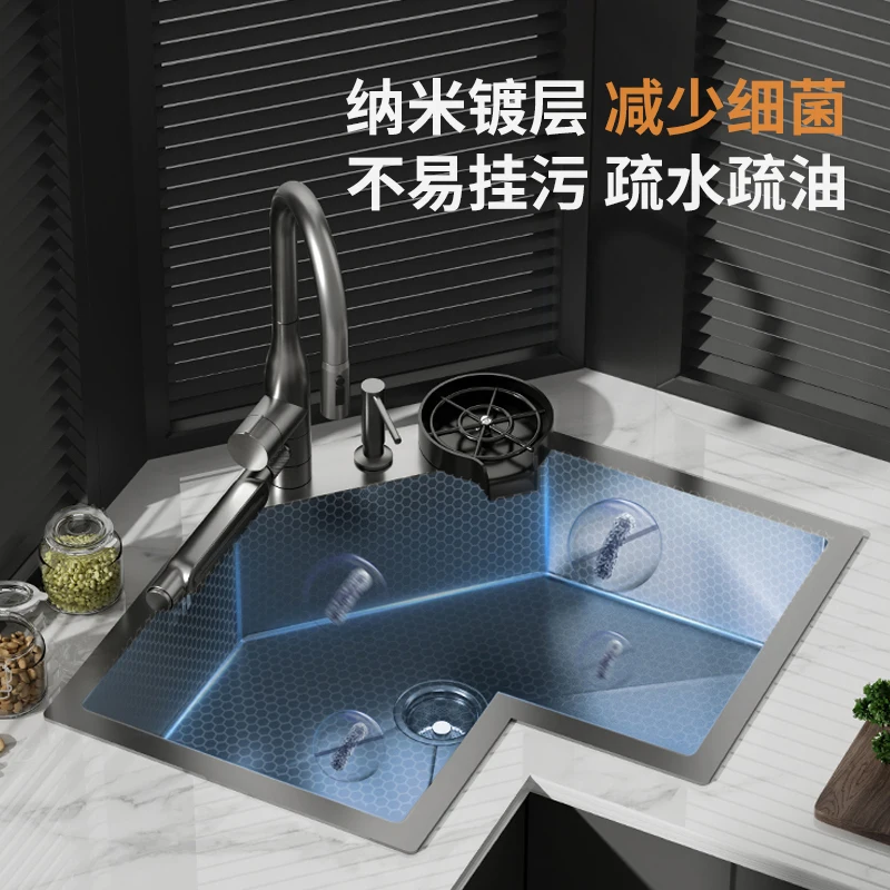 Kitchen corner sink, large single slot, SUS304 stainless steel special-shaped hexagonal household dishwashing basin under counte